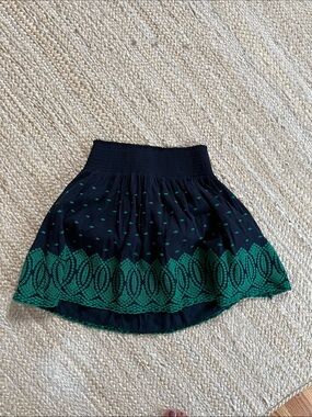 J. Crew Black Skater Skirt with Green Embroidered Hem